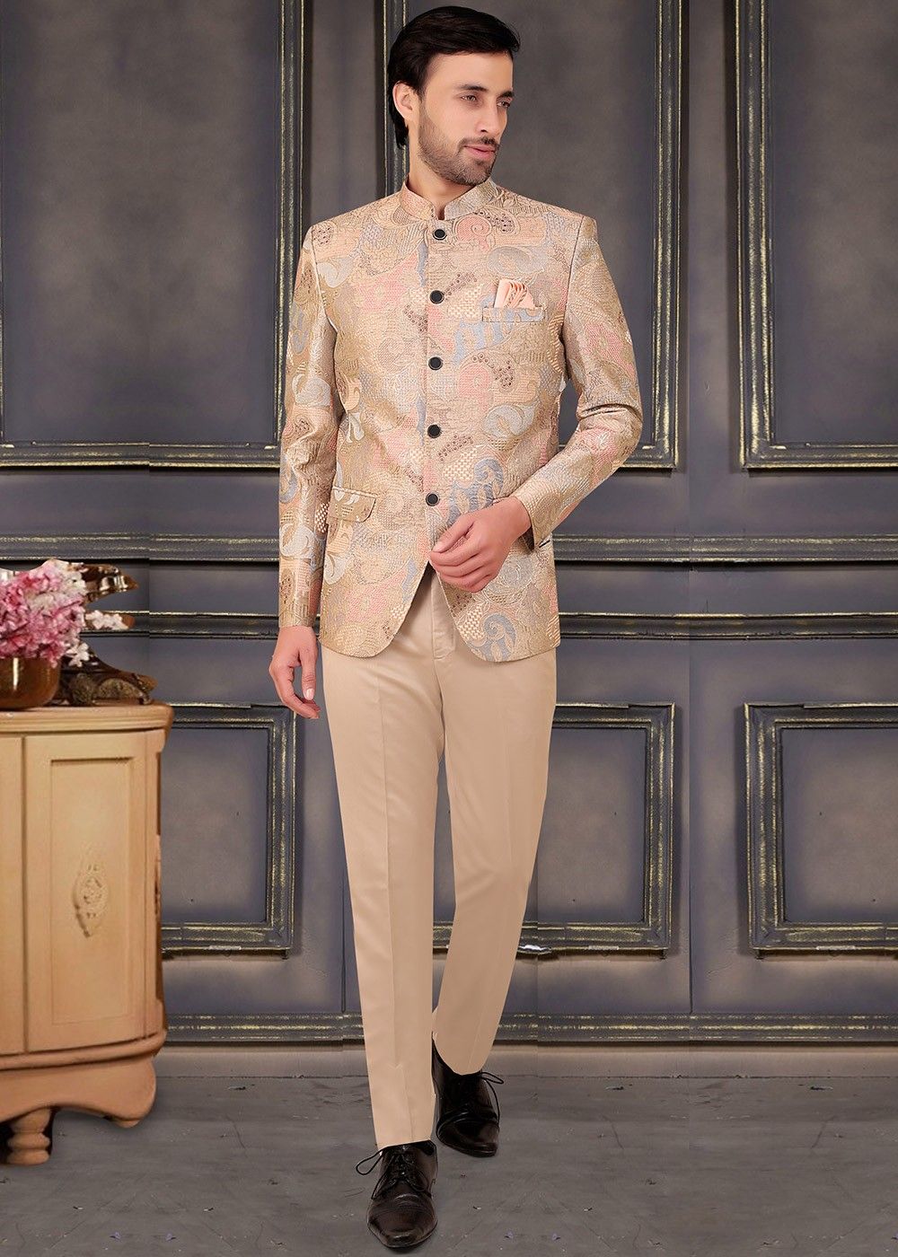 Jacquard Buttons Beige Jodhpuri Suit -