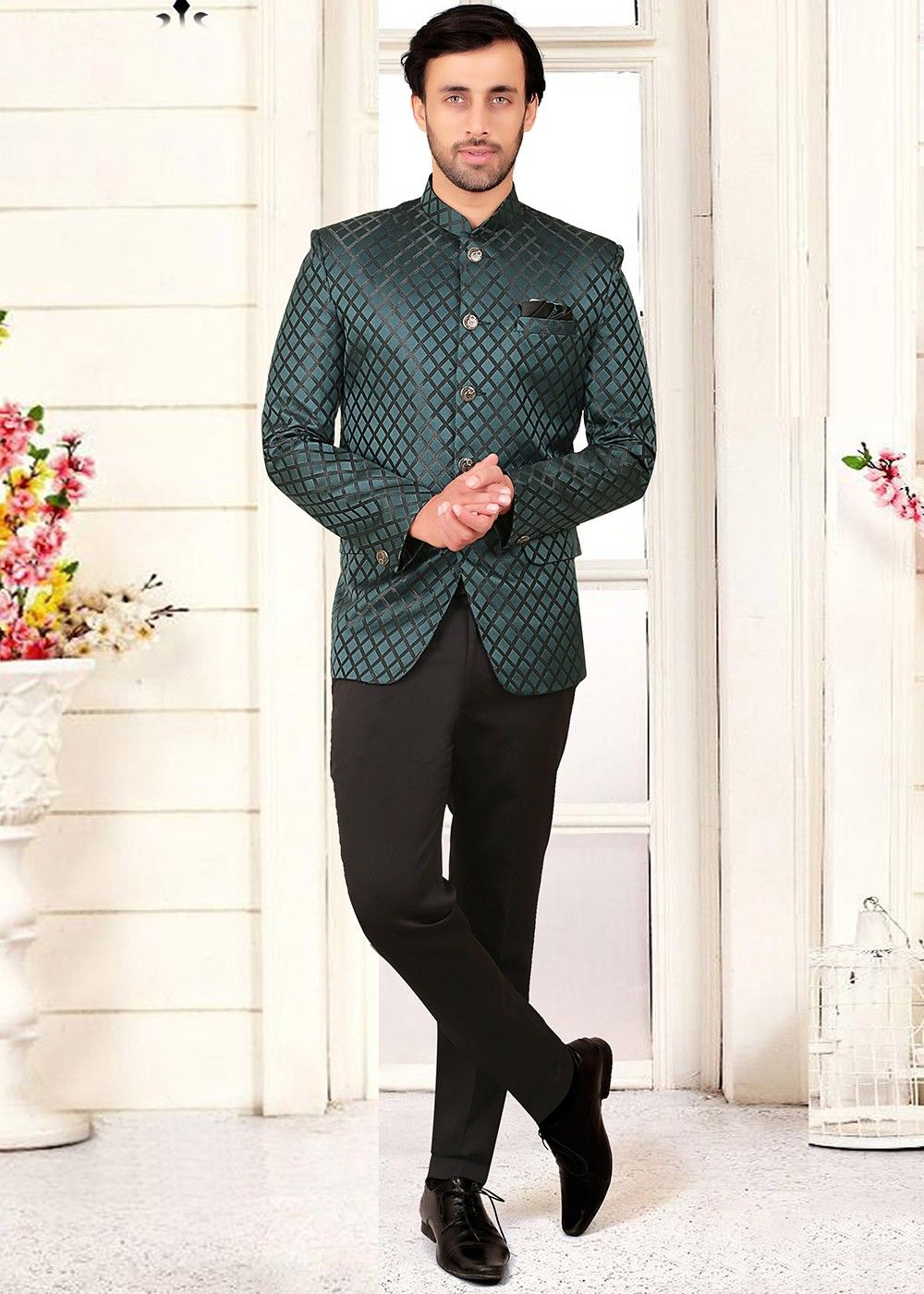 Jacquard Silk Mehndi Green Color Jodhpuri Suit
