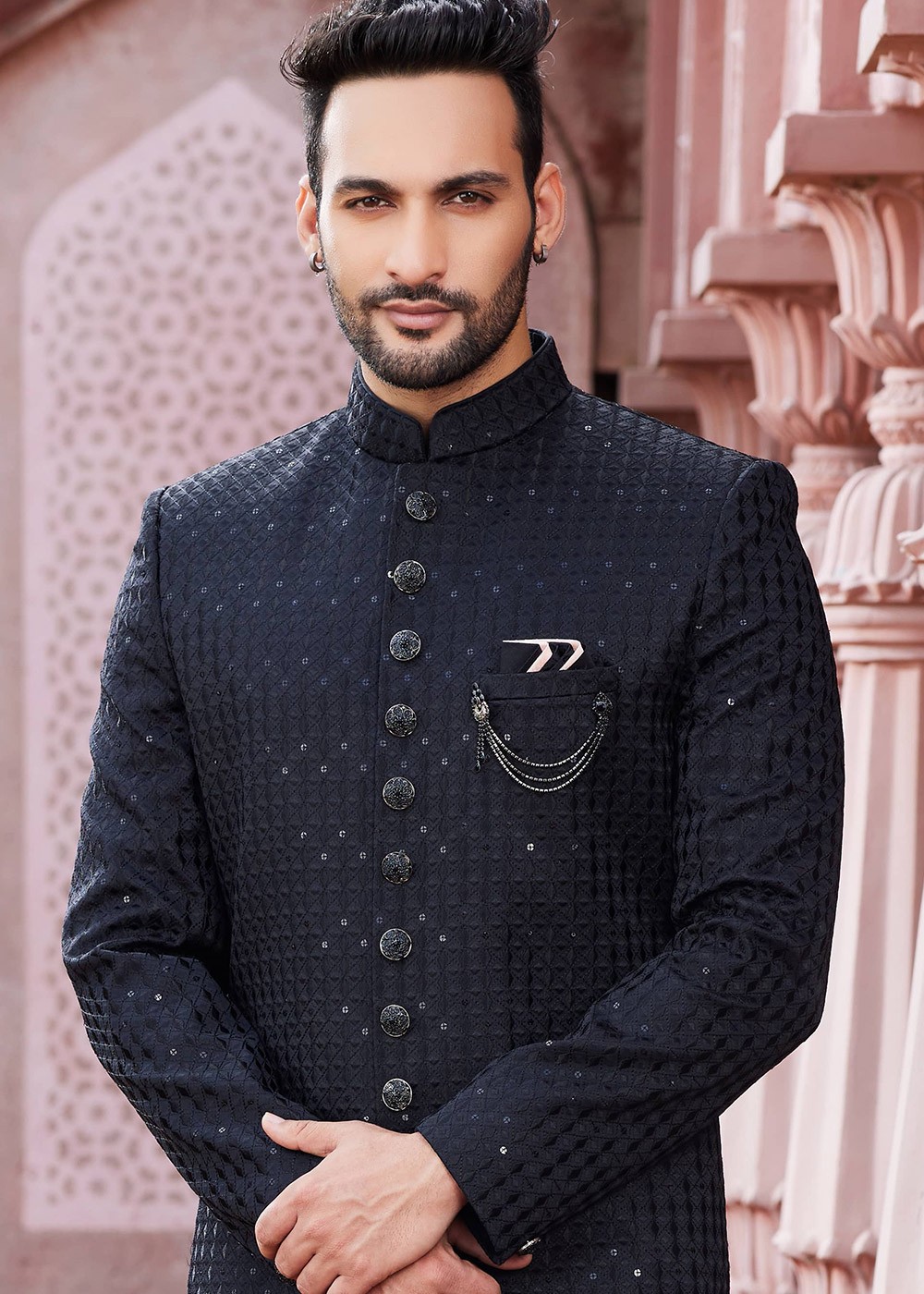 Black Thread Embroidered Mens Sherwani Set In Art Silk Latest 1067MW11