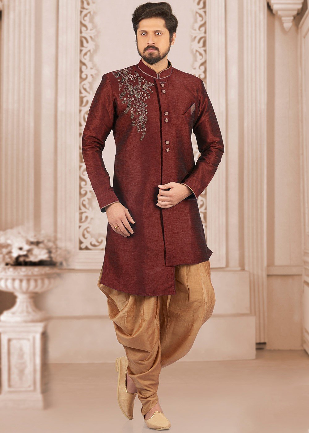 Engaging Brown Color Linen Festive Wear Trendy Readymade Dhoti Style Indo  Western For Men