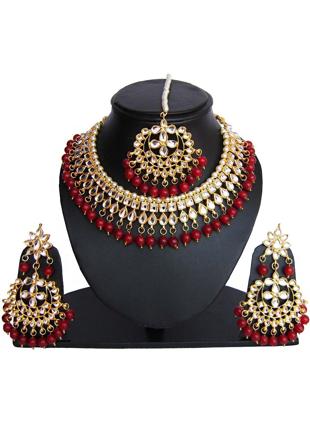 New Indian Bollywood Costume Jewellery Choker Stone Pearl Gold Maroon Bridal Set 