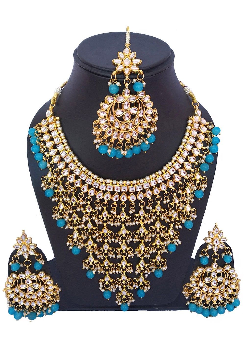 Golden Blue Kundan and Pearl Necklace 