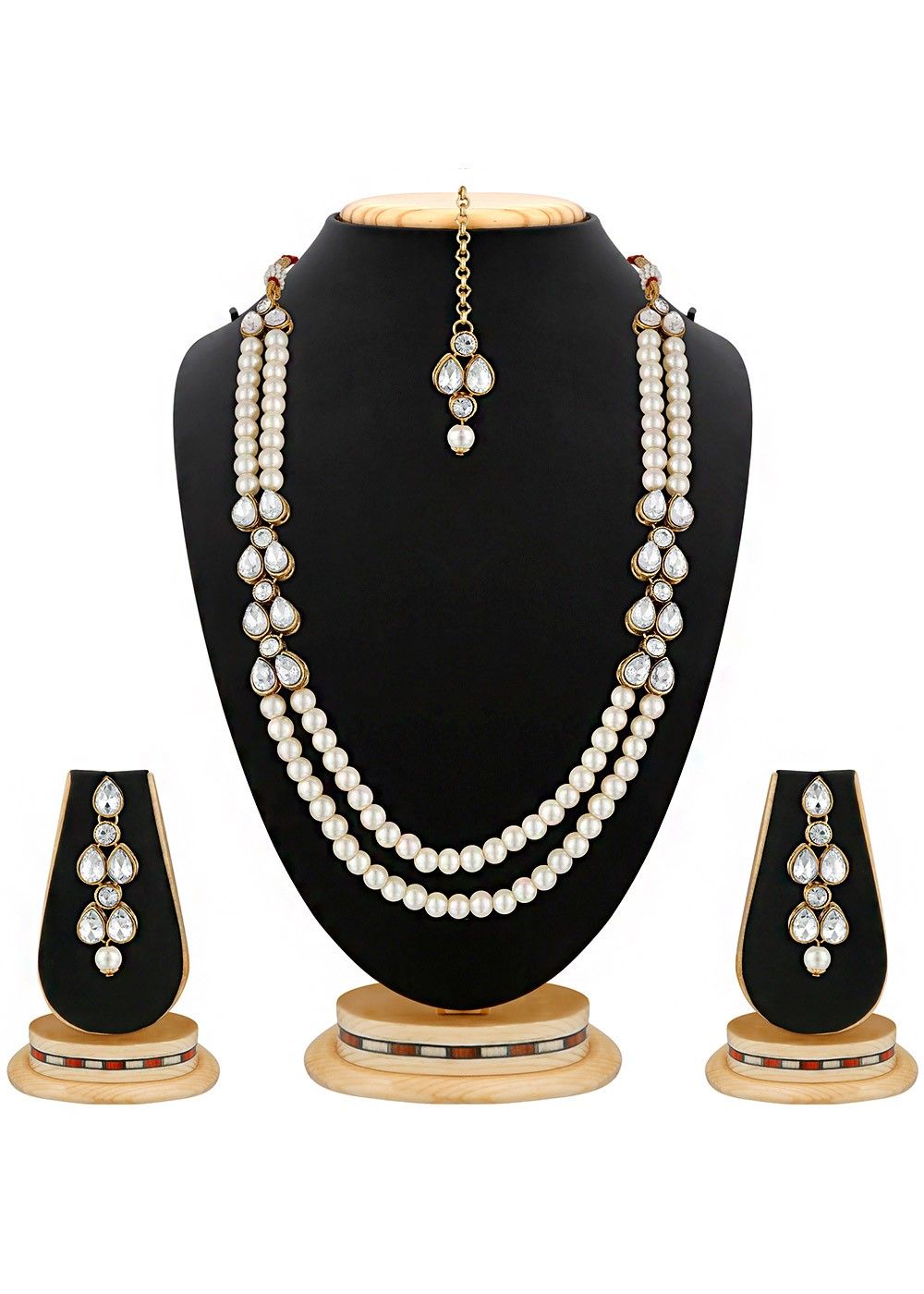 pearl  and onyx beaded layered matinee necklace set High quality  kundan