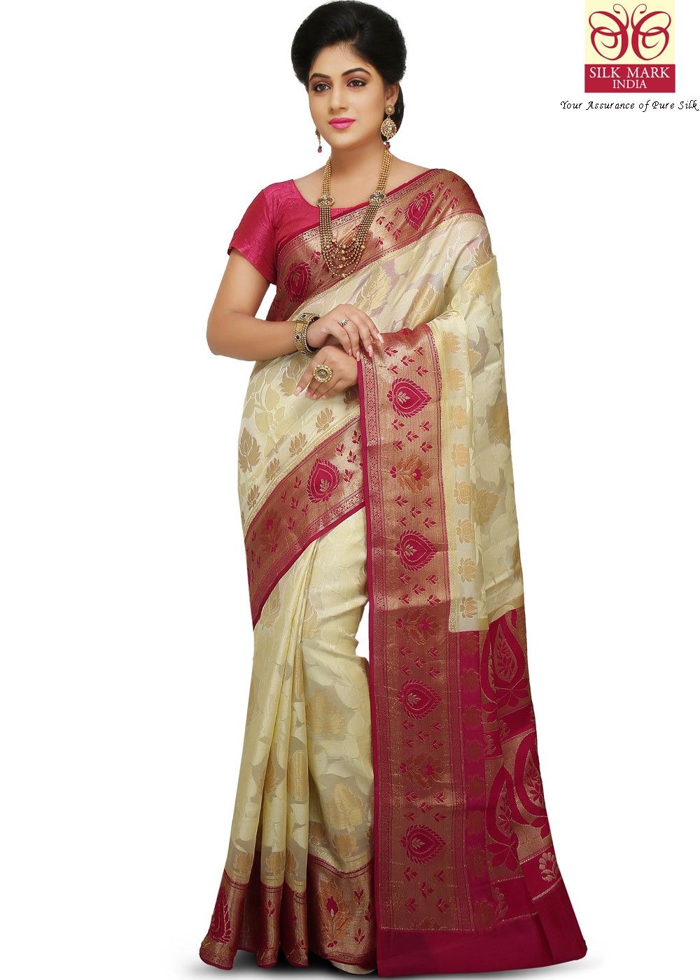 White and Pink color Banarasi Soft Silk Saree With Matching Blouse at  Rs.1299/Piece in surat offer by Esomic Export