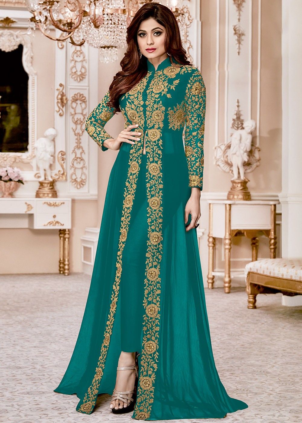 Shamita Shetty Sea Green Front Slit Pant Suit 1774sl15,Brown Color Combination For House Exterior