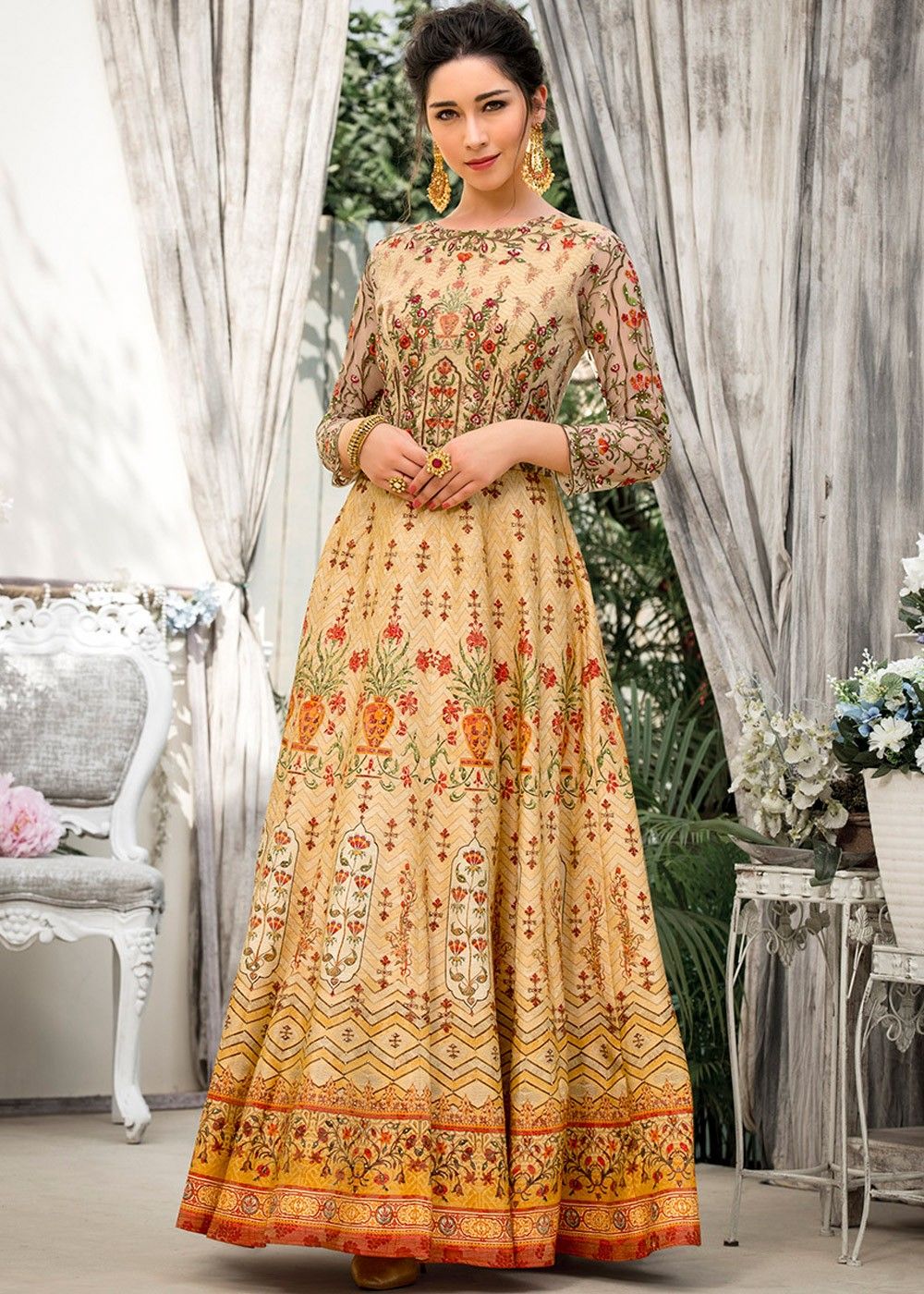 Beige Digital Printed Art Silk Gown Indo Western 179GW06