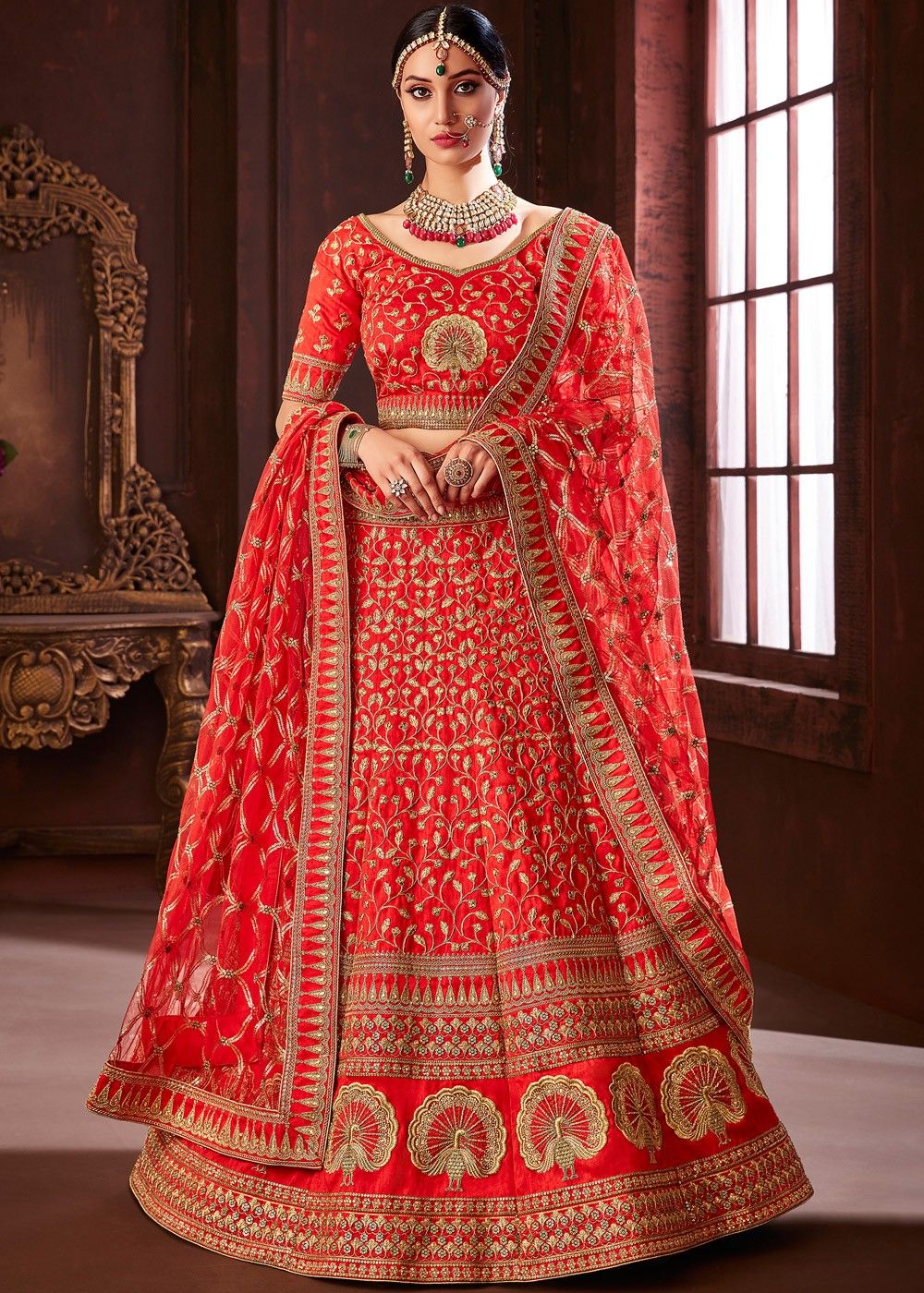 Coral Red Embroidered Art Silk Lehenga ...