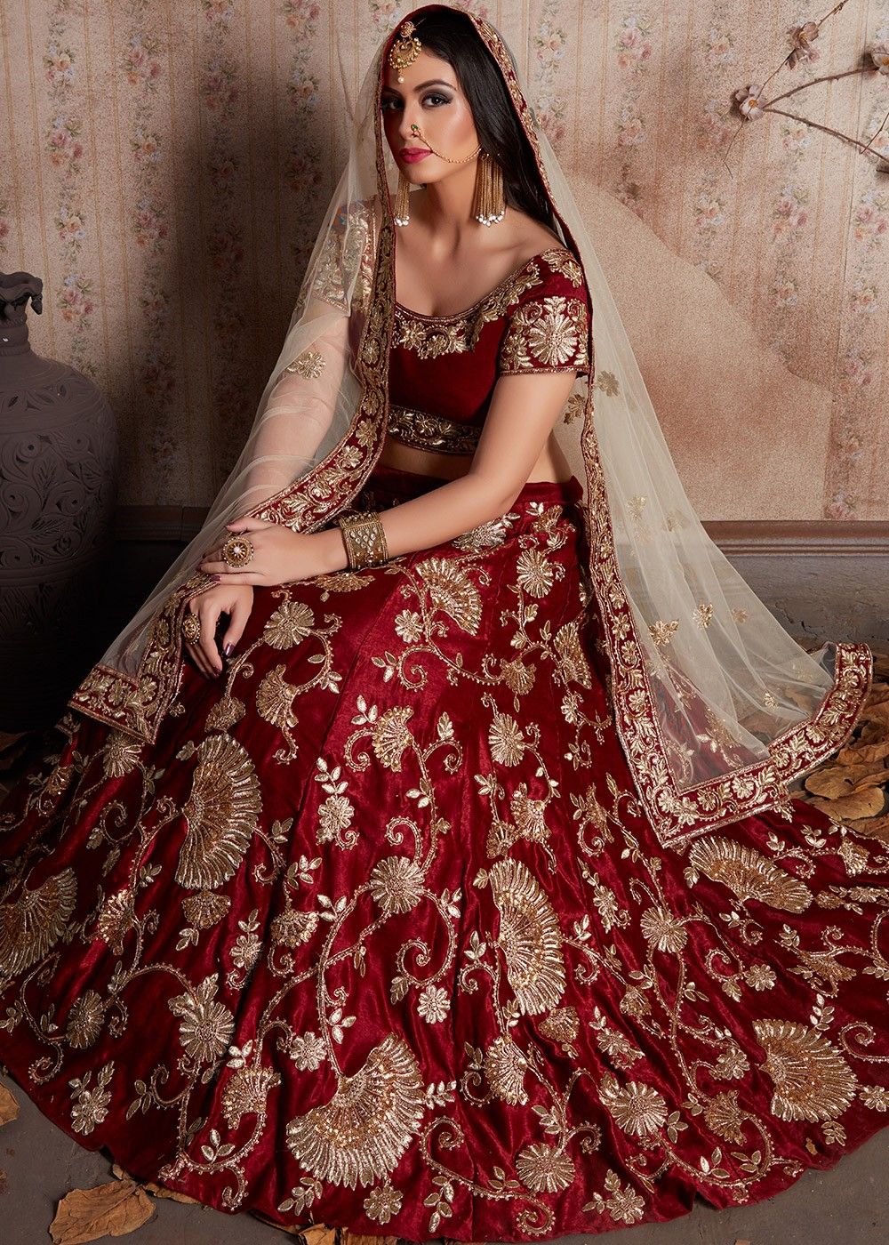 Maroon Embroidered Bridal Velvet Lehenga Choli Lehenga 1822LG01
