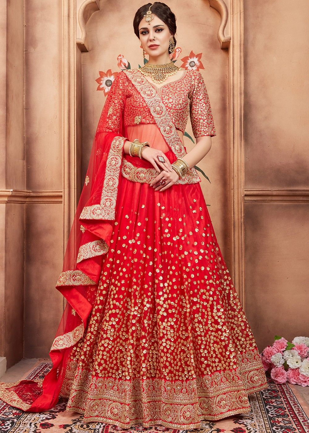 Red Sequins Embellished Bridal Lehenga Choli Latest 1868LG02