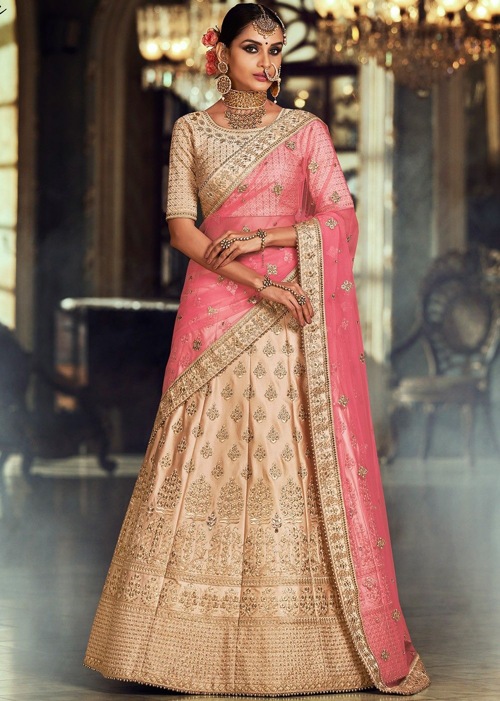 Organza Fabric Cream Colour Semi-Stitched Lehenga with Embroidered,Mirror  work & Choli with Net Dupatta in Sequence Work