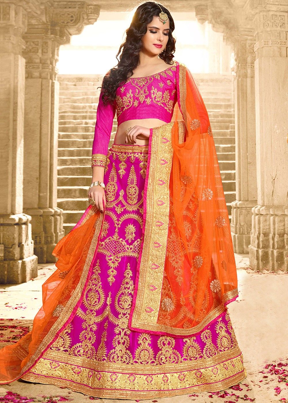 Buy Magnific Orange-Pink Embroidered Banarasi Silk Bridal Lehenga Choli  From Zeel Clothing.