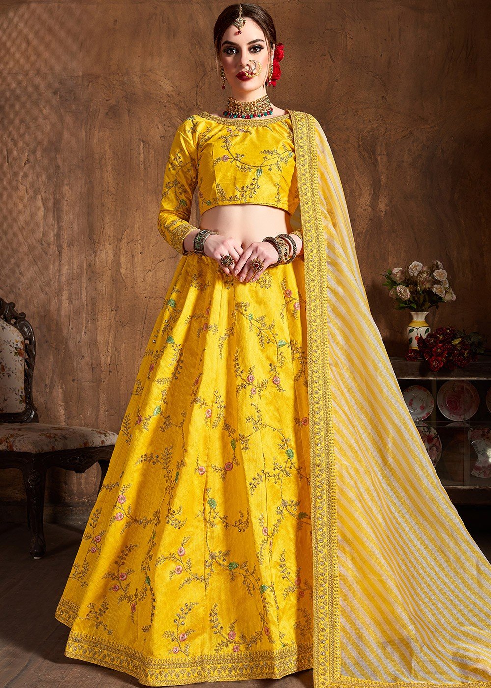 Shop Yellow Embroidered and Hand work Art Silk Umbrella Lehenga Wedding  Wear Online at Best Price | Cbazaar