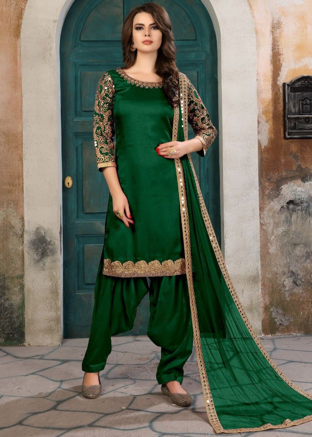 Buy Lace Work Cotton Green Punjabi Suit | Punjabi Patiala Suits