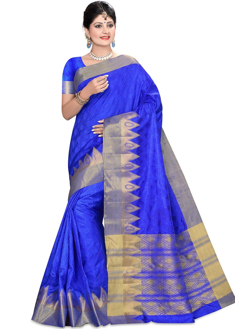 Royal Blue Red Border Banarasi Beautiful Zari Work In Form Of Traditional  Motifs Soft Silk Saree