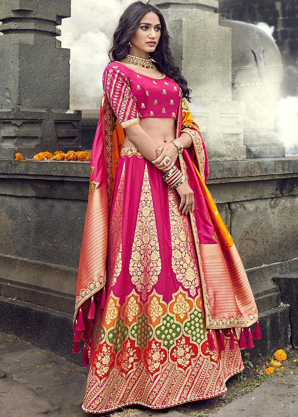 Orange Handloom Banarasi Lehenga with Pink Mughal Zardozi Dupatta –  WeaverStory