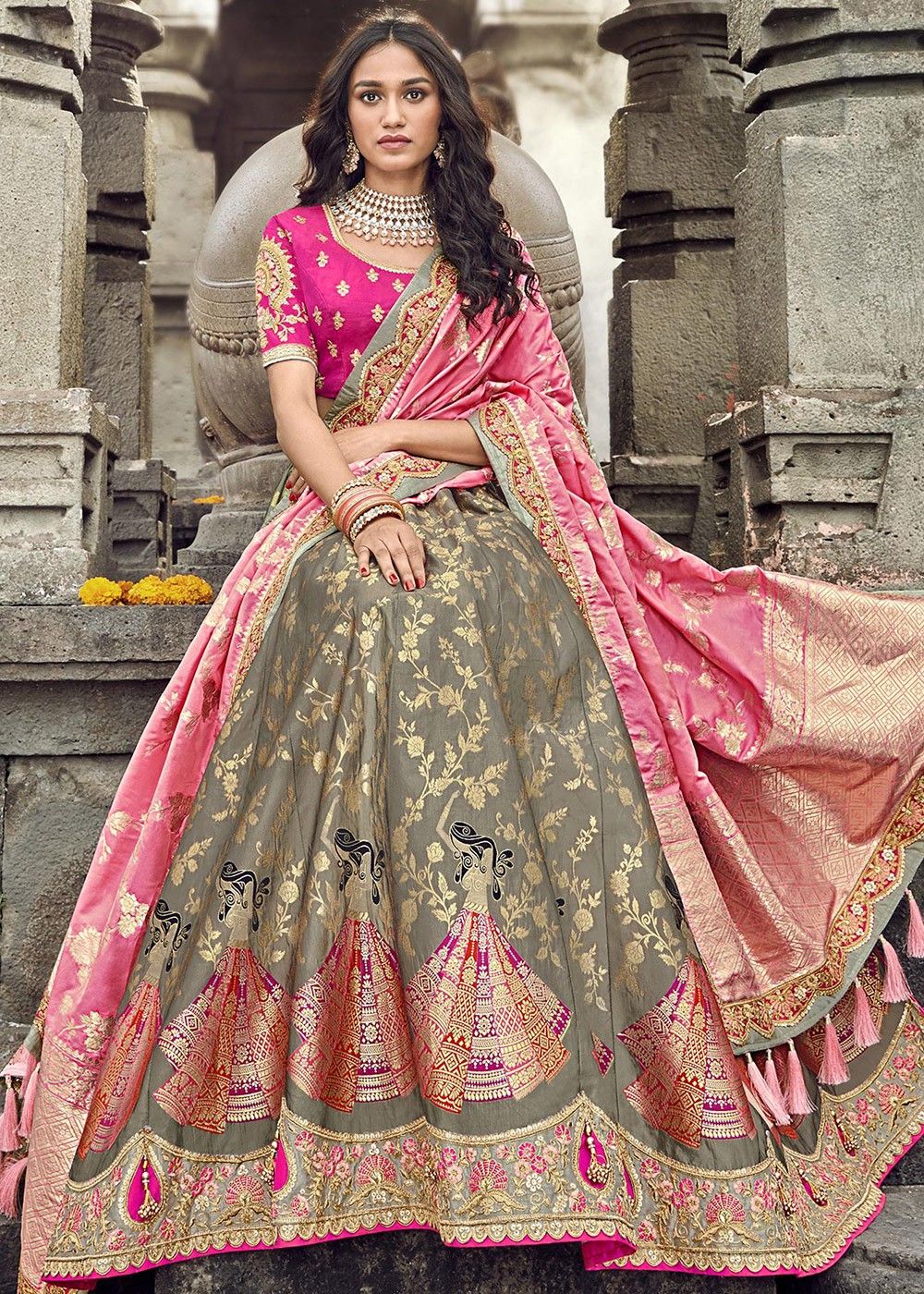 Banarasi silk Double Dupatta style Lehenga - HALFSAREE STUDIO - 4230503