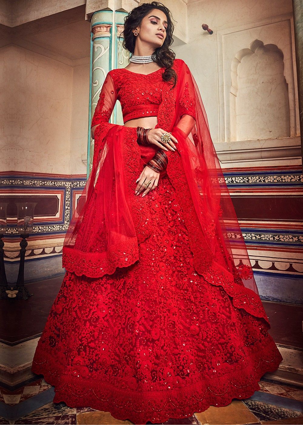 Velvet Hand Work Bridal Lehenga Choli In Red Colour - LD4900611
