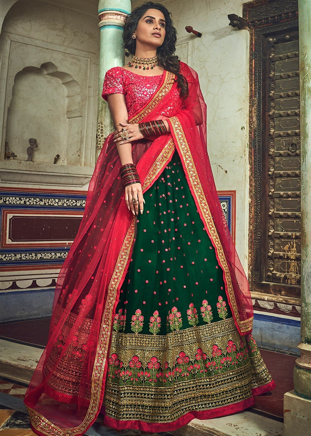 A Line Silk Exclusive Red Green Designer Bridal Lehenga Choli With Red Dupatta Size Free Size