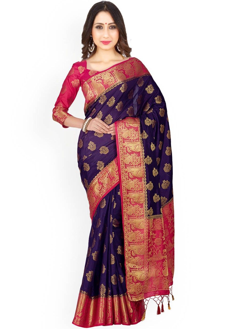 Royal Blue /& Violet Woven Kanjivaram Silk Saree With Zari Bordered Blouse