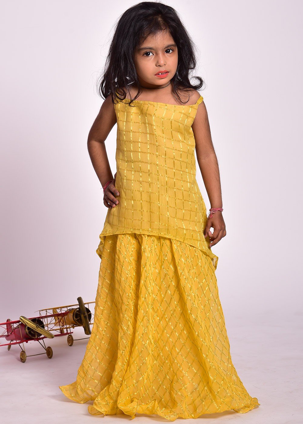 Shambavi Yellow Mini Lehenga and top Set for Kid Girl | Shobitam Custo