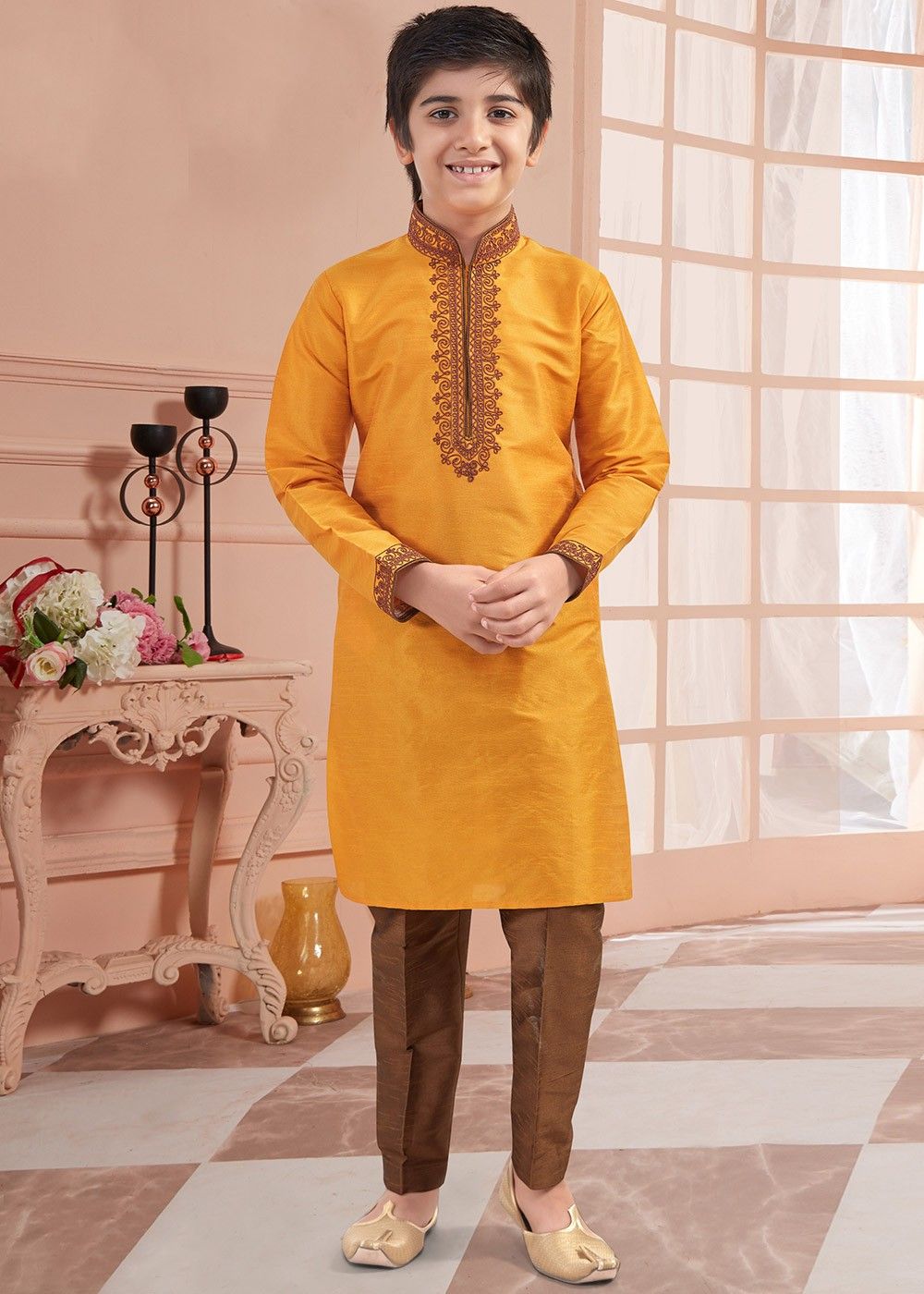 Traditional Cotton Boy's Pathani Suit Handcrafted Kurta Pajama_Yellow 