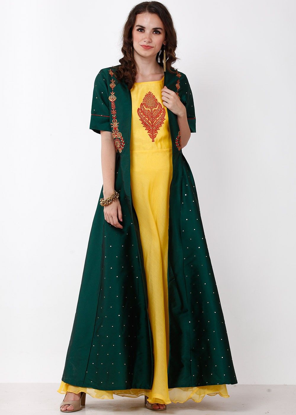 Yellow Silk Readymade Jacket Style Designer Gown 94862