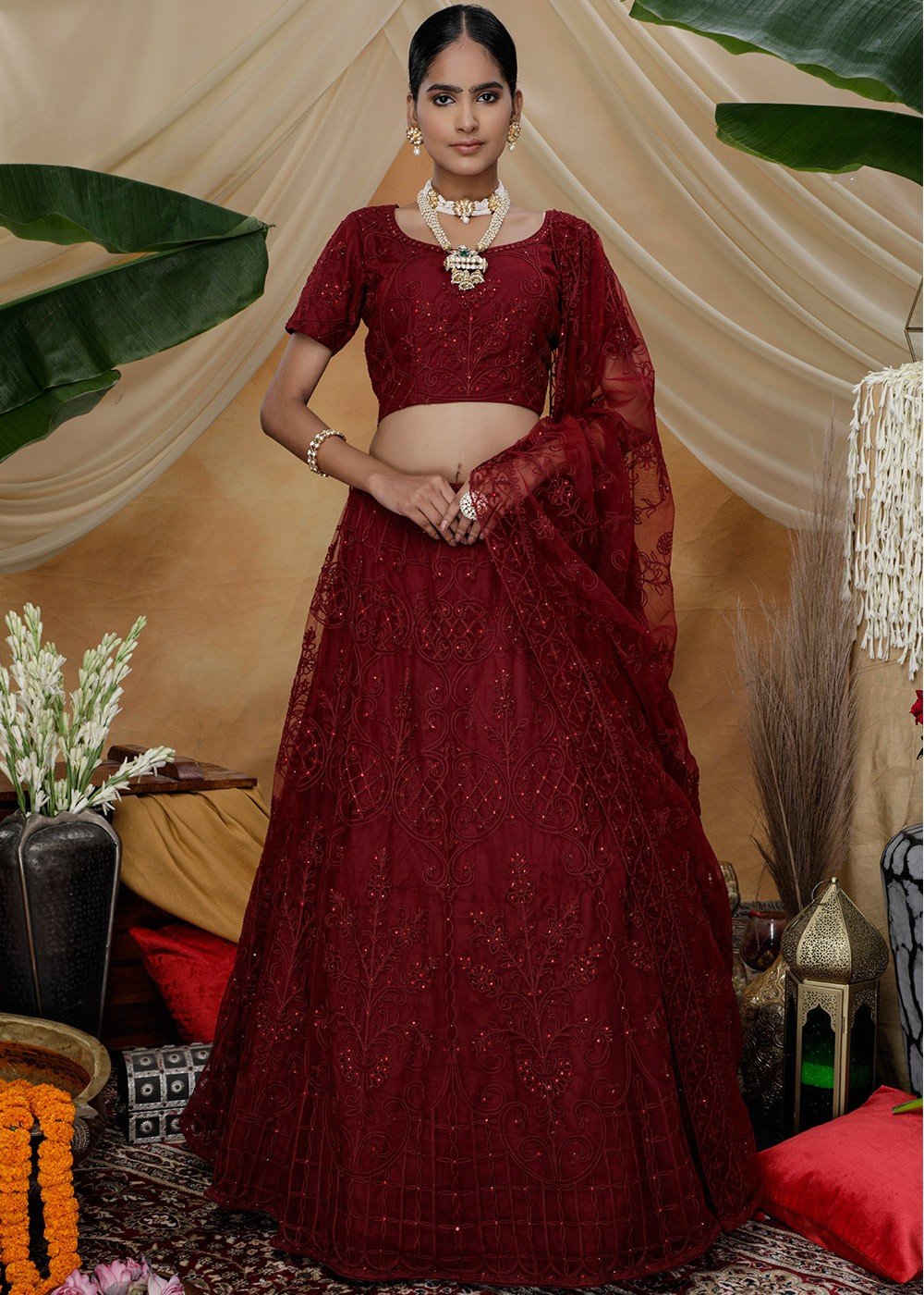 Embroidered Georgette Jacket Style Kameez with Lehenga in Maroon : LUF3126