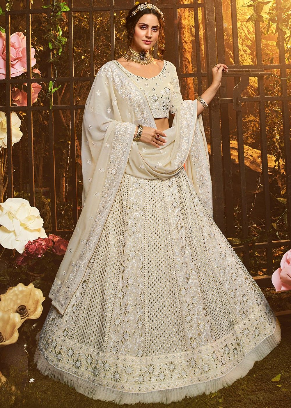 white georgette lehenga embroiled choli set with net dupatta Indian lehenga wedding dress Indian wedding dress lehenga choli lengha