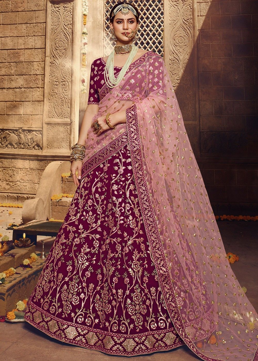 Women Ivory Hue Lehenga Choli Set Contrasted with Pink Dupatta and Enr –  Suvidha Fashion