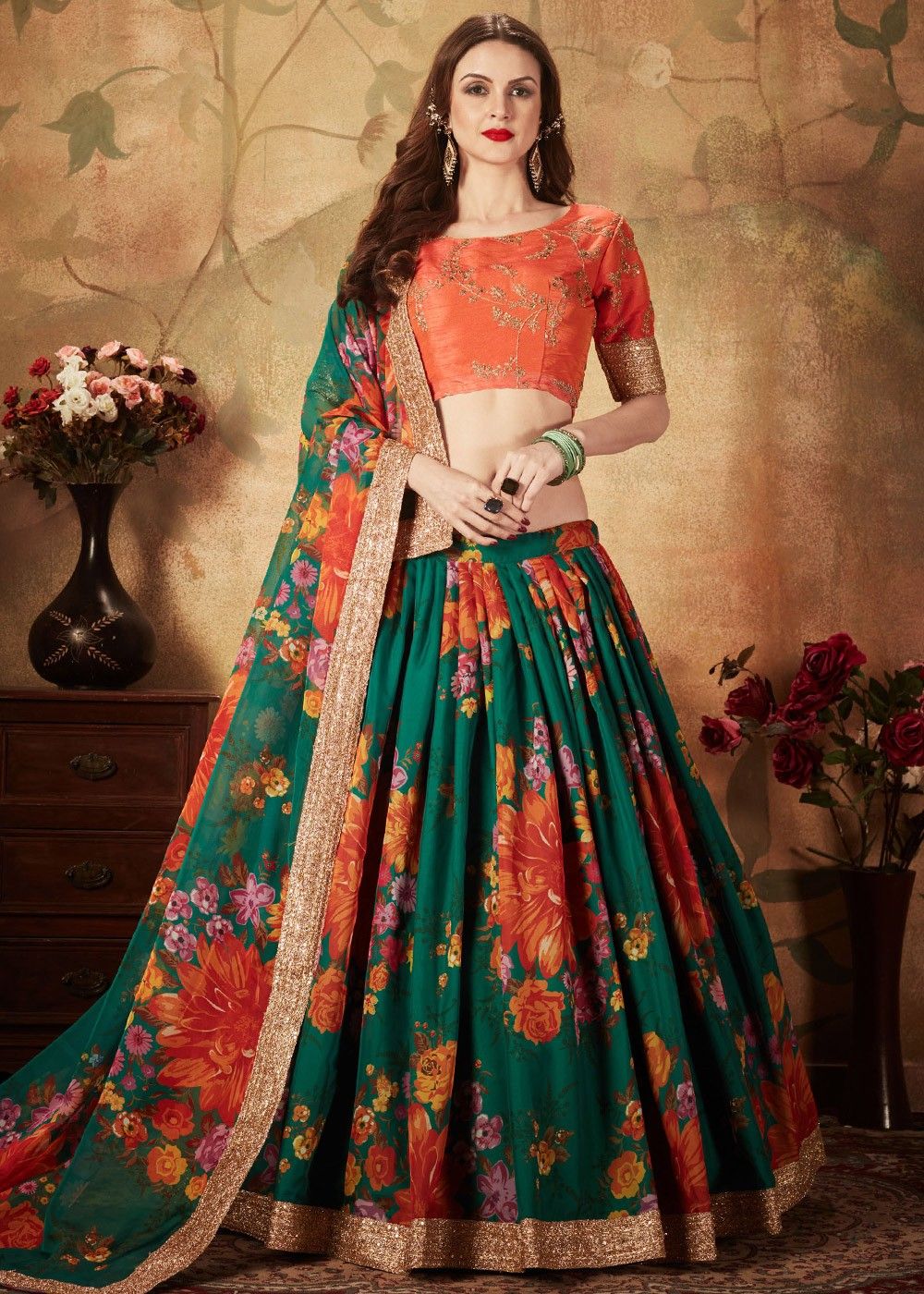 designer wedding Orange Banarasi Lehenga Choli Digital Print Work And Net Four Size Print Border Dupatta For Women Lehengas.indian dresses