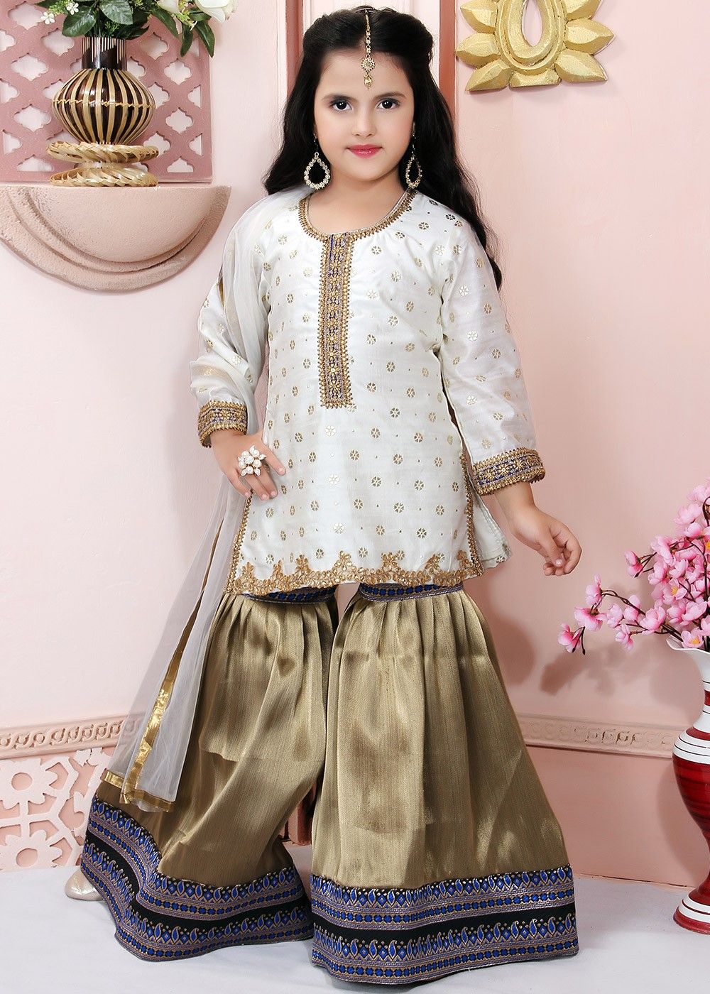 White Chanderi Embroidered Readymade Kids Gharara Suit 217KW06