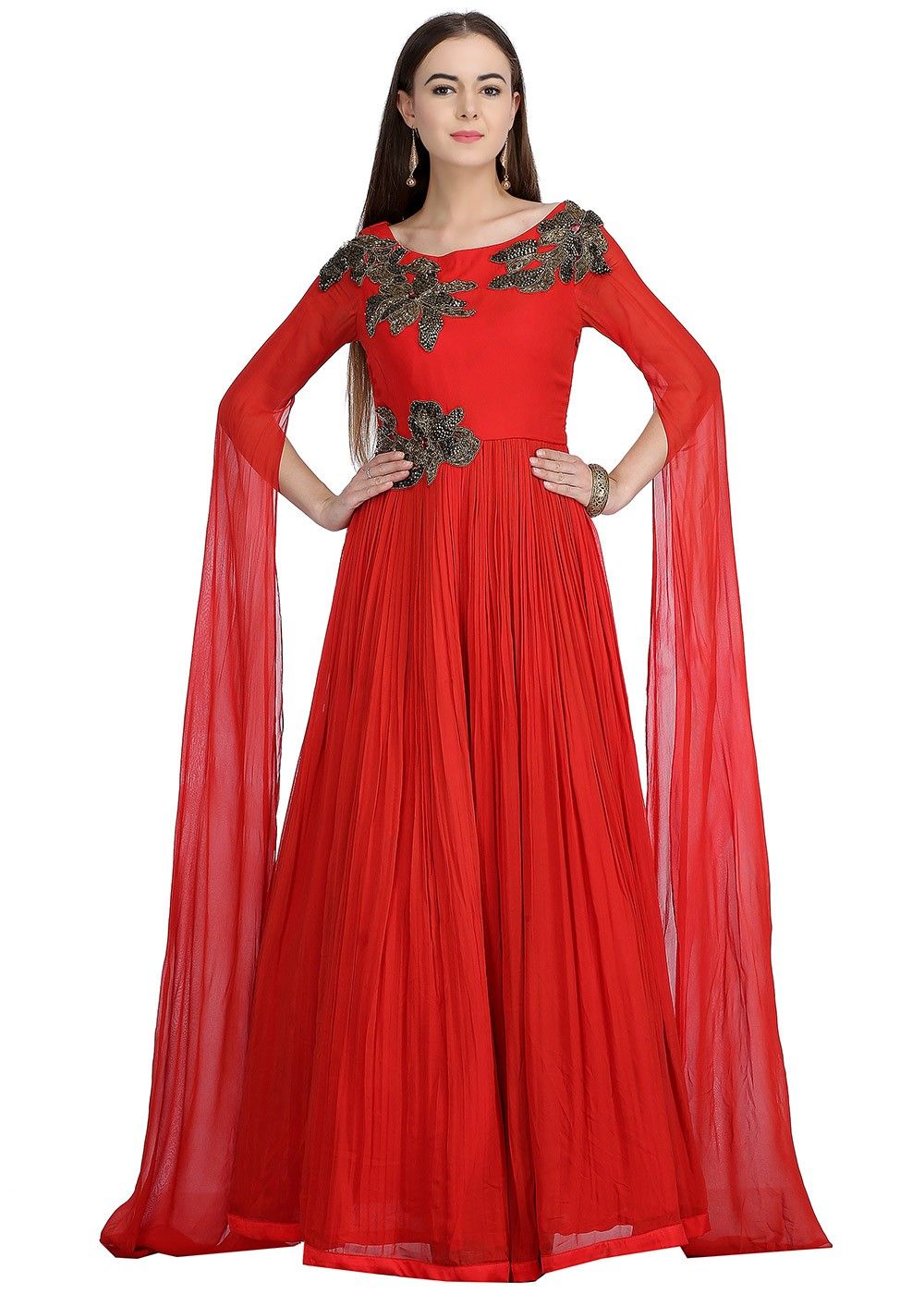 Readymade Cape Sleeved Embellished Red Gown 220GW02