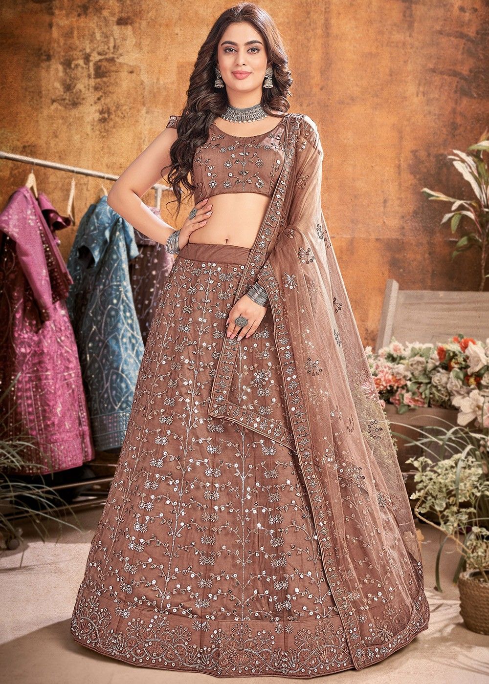 Buy Fashion Brown and Golden Zari and Sequins Work Silk Semi-Stitched Lehenga  Choli at Amazon.in