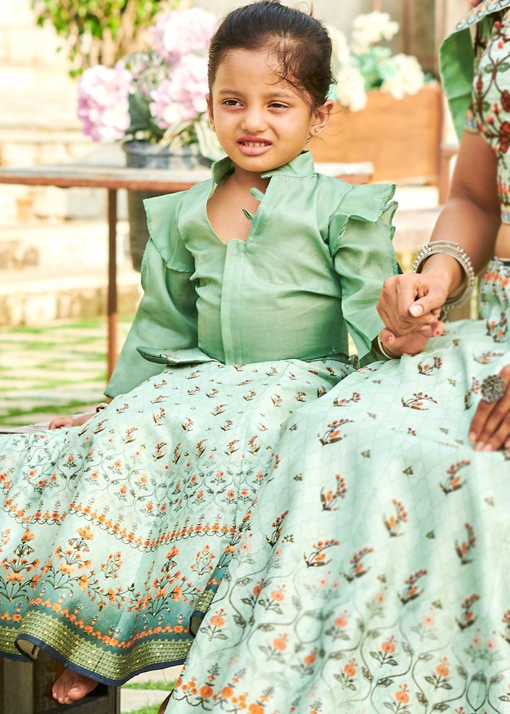 Turquoise Silk Floral Digital Printed Kids Lehenga Choli Twinning ...