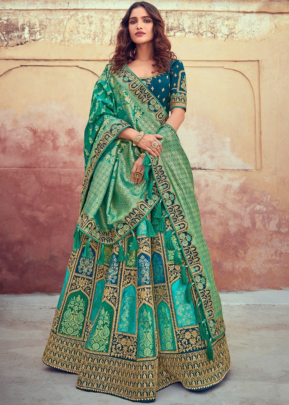 Turquoise Woven Bridal Lehenga Choli In Silk 2291LG02