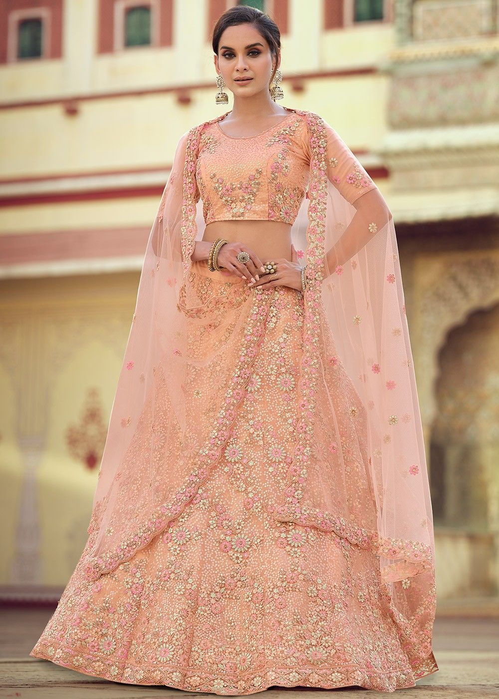 Buy Melon Peach Ombre Lehenga In Sequins Fabric With Moti Embroidered Crop  Top With Illusion Neckline And Full Sleeves Online - Kalki Fashion