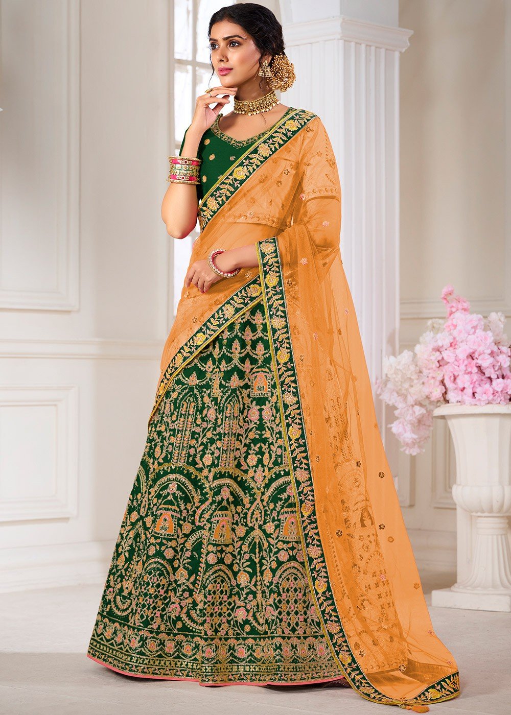 Green Bridal Indian Wedding Lehenga In Net Zarkan Work SSA272402A –  ShreeFashionWear