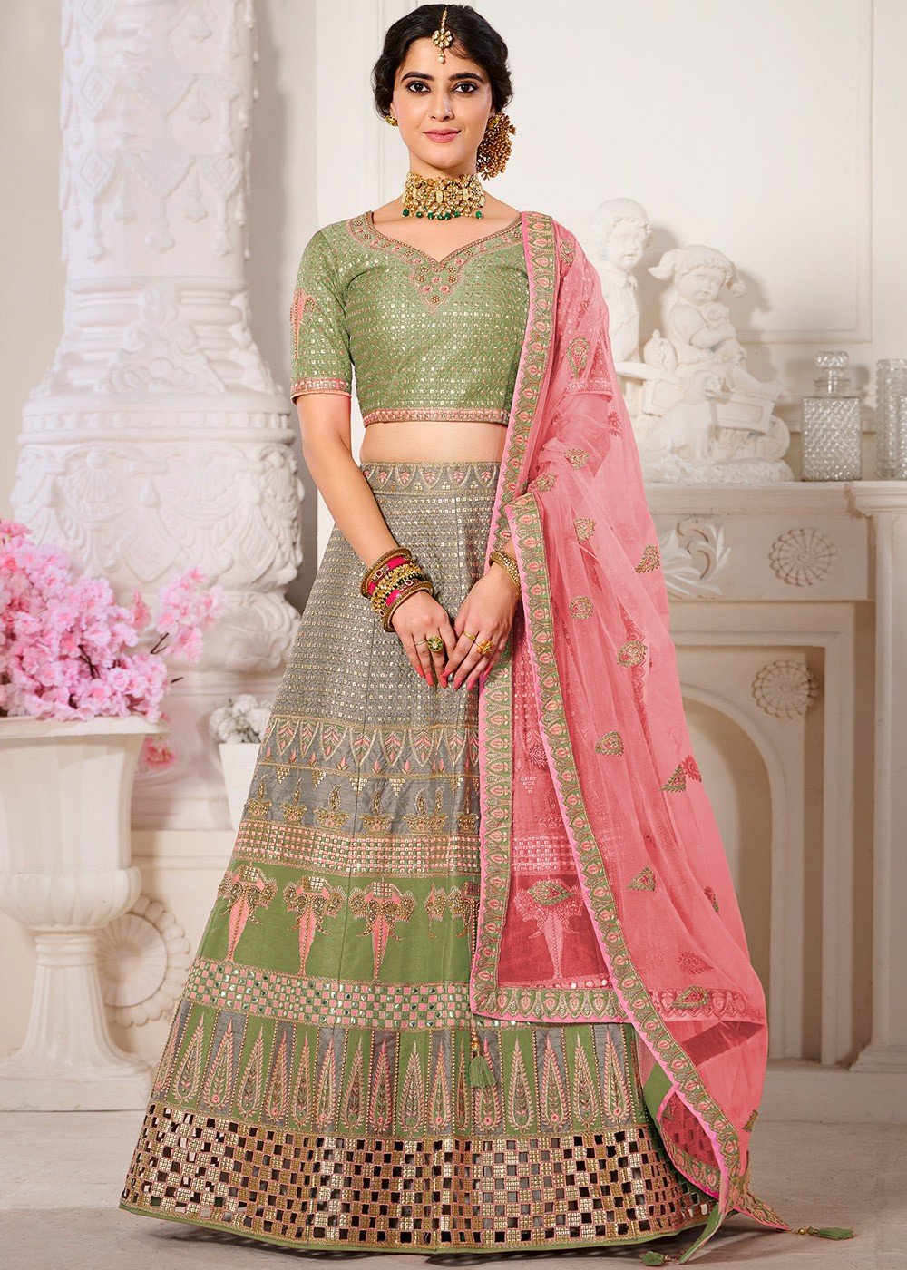 Grey and Pink Lucknowi Mirror Lehenga Set – TheStylease.com