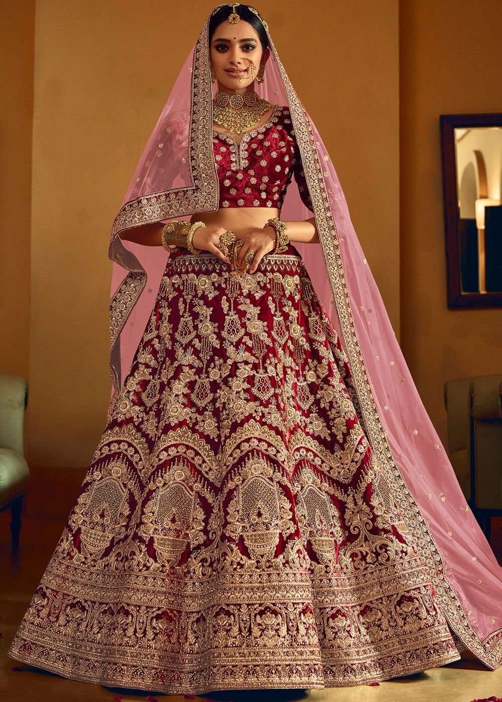 Zari Embroidered Bridal Lehenga Choli In Maroon 2314LG03