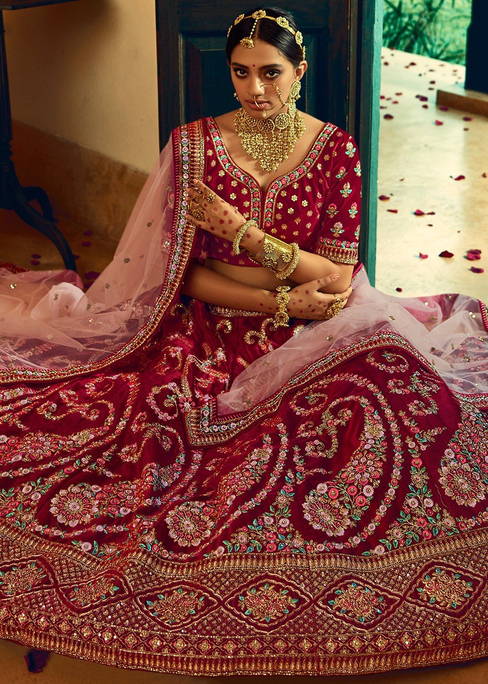 Premium Gold Embellished Pakistani Dark Maroon Bridal Lehenga – Nameera by  Farooq