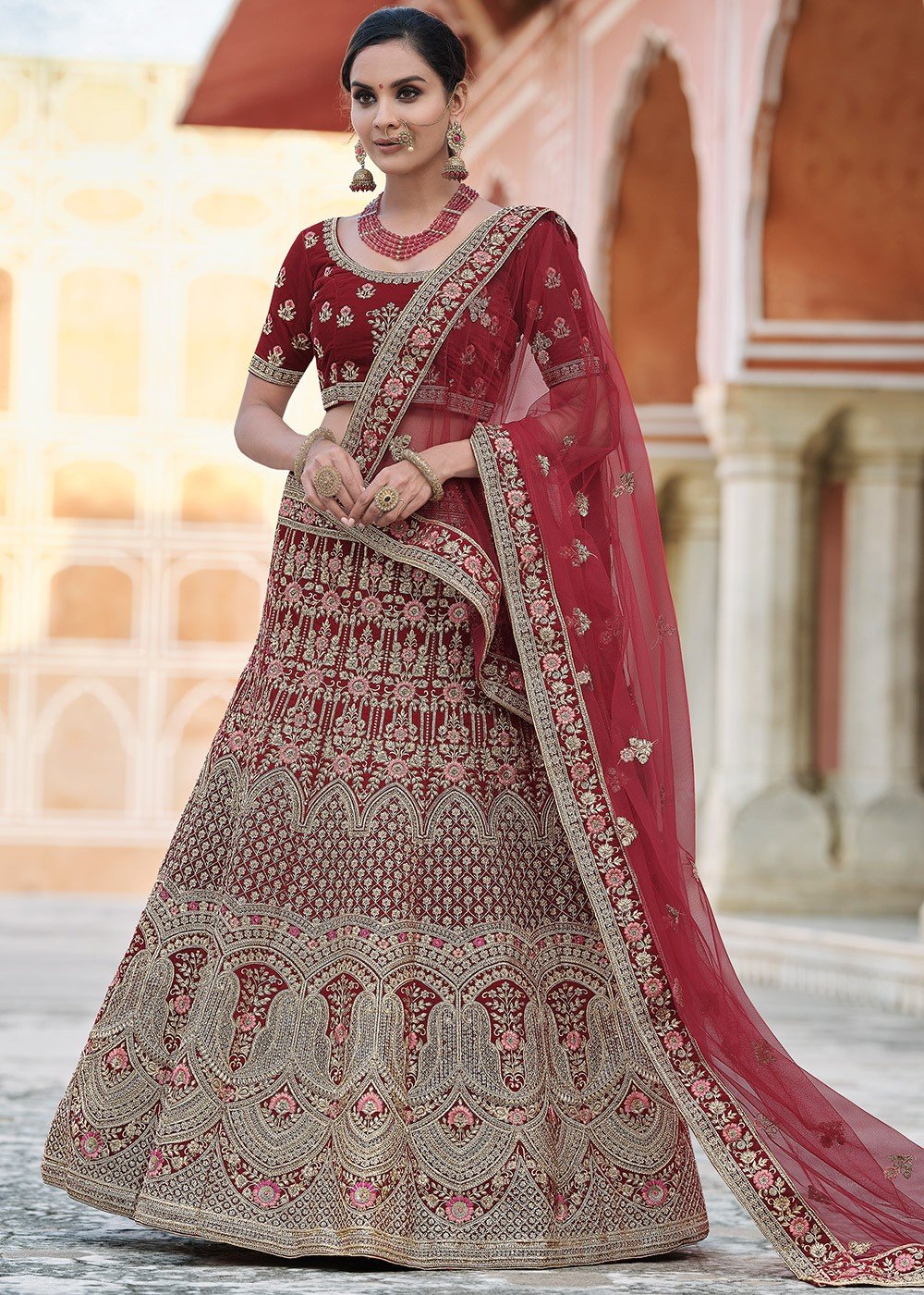 Premium Luxurious Designer Wedding Wear Maroon Velvet Lehenga Choli Semi  Stitched Latest Design - shreematee - 4080041