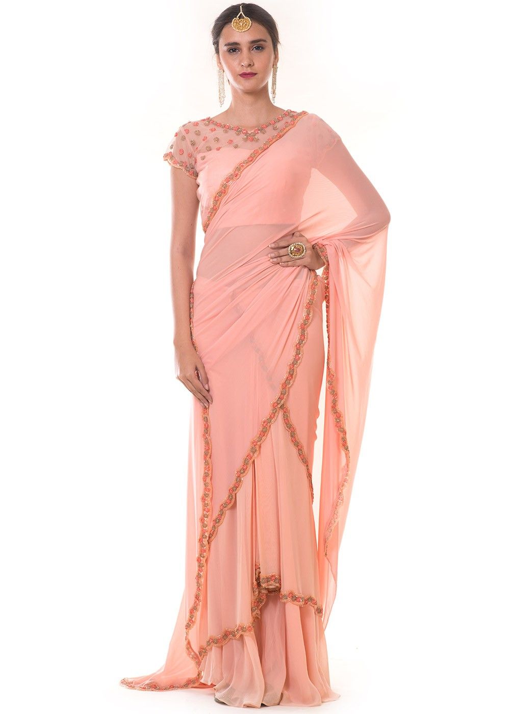 Extravagant Peach Shade Wedding Saree With Golden Blouse