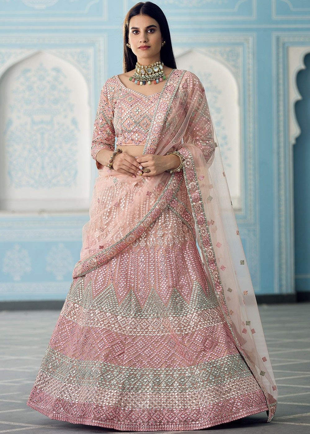 Peach Classy Designer wedding and Reception Lehenga with Full sleeves blouse  and Embellishment 