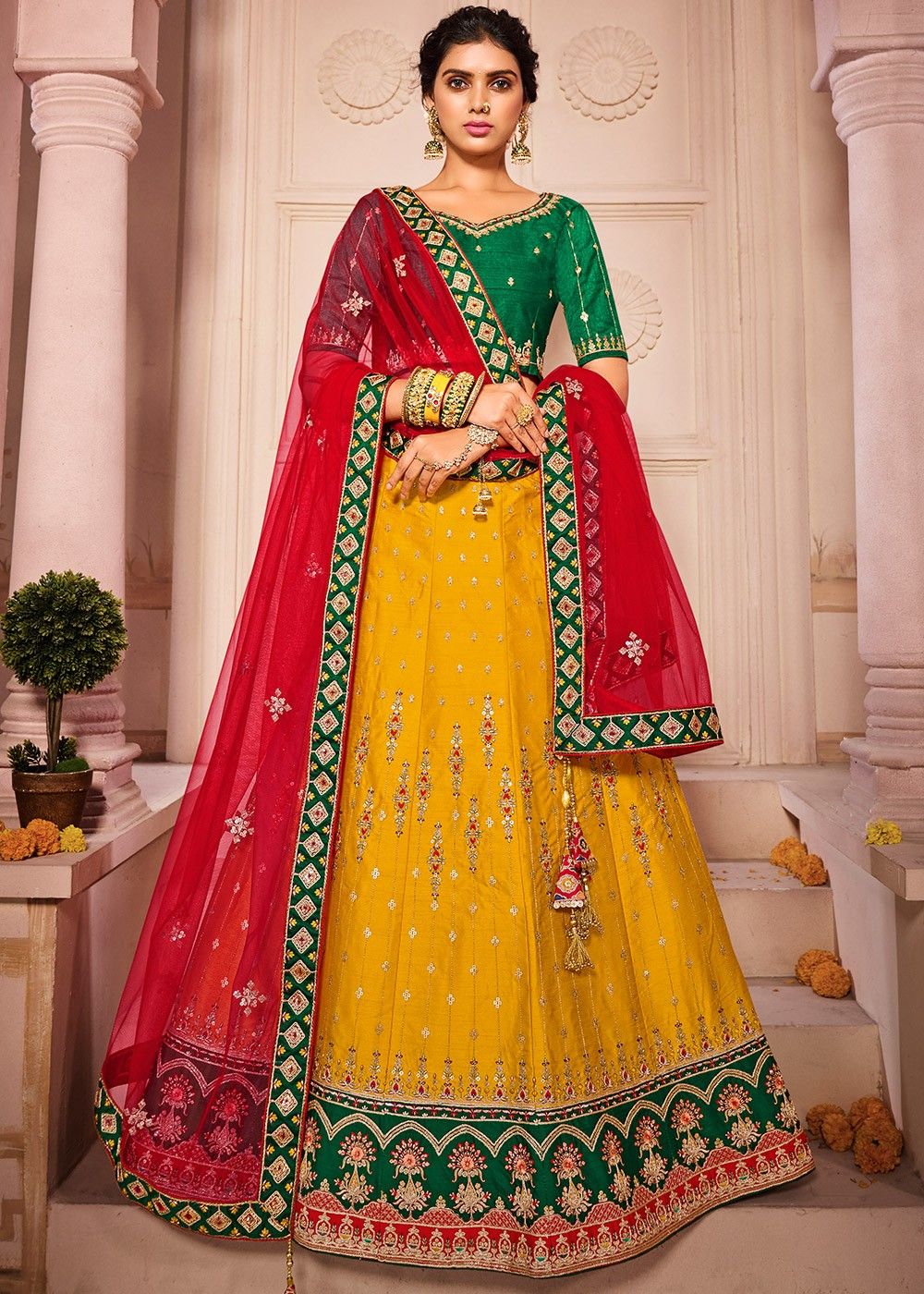 Buy Yellow Blouse And Lehenga Cotton Silk Cape Applique Bridal Set For  Women by Gopi Vaid Online at Aza Fashions.