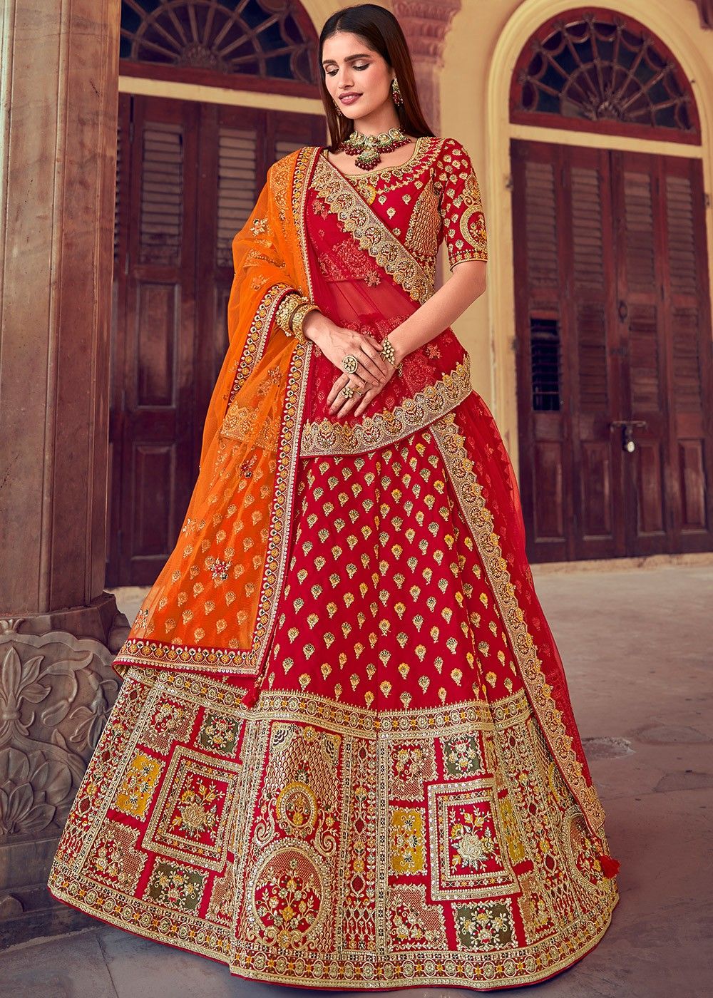 Red satin embroidered heavy designer Indian wedding lehenga choli 4708