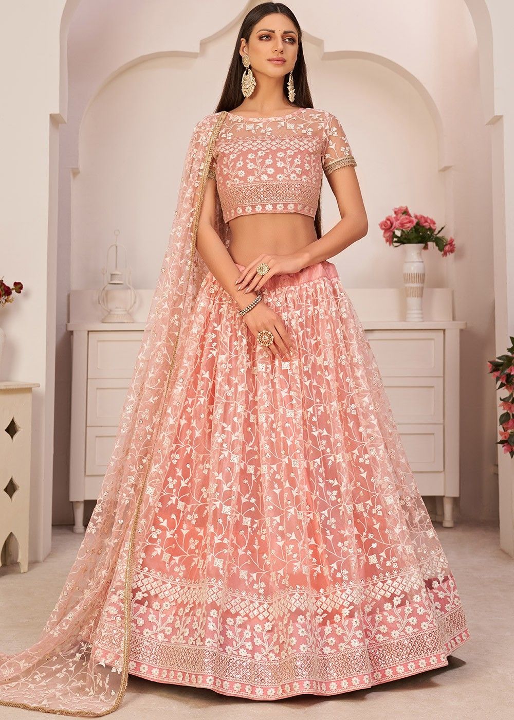 Peach Georgette Flared Lehenga with Sequins - CCDI2138 from saree.com