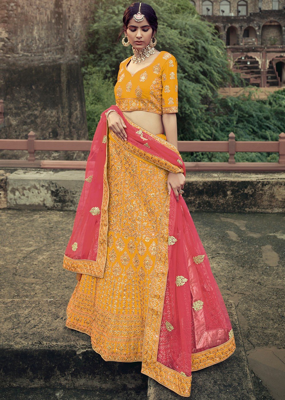 Yellow Real Mirror Work Lehenga Choli Party Wear Lengha Indian Saree Sari  Skirt | eBay