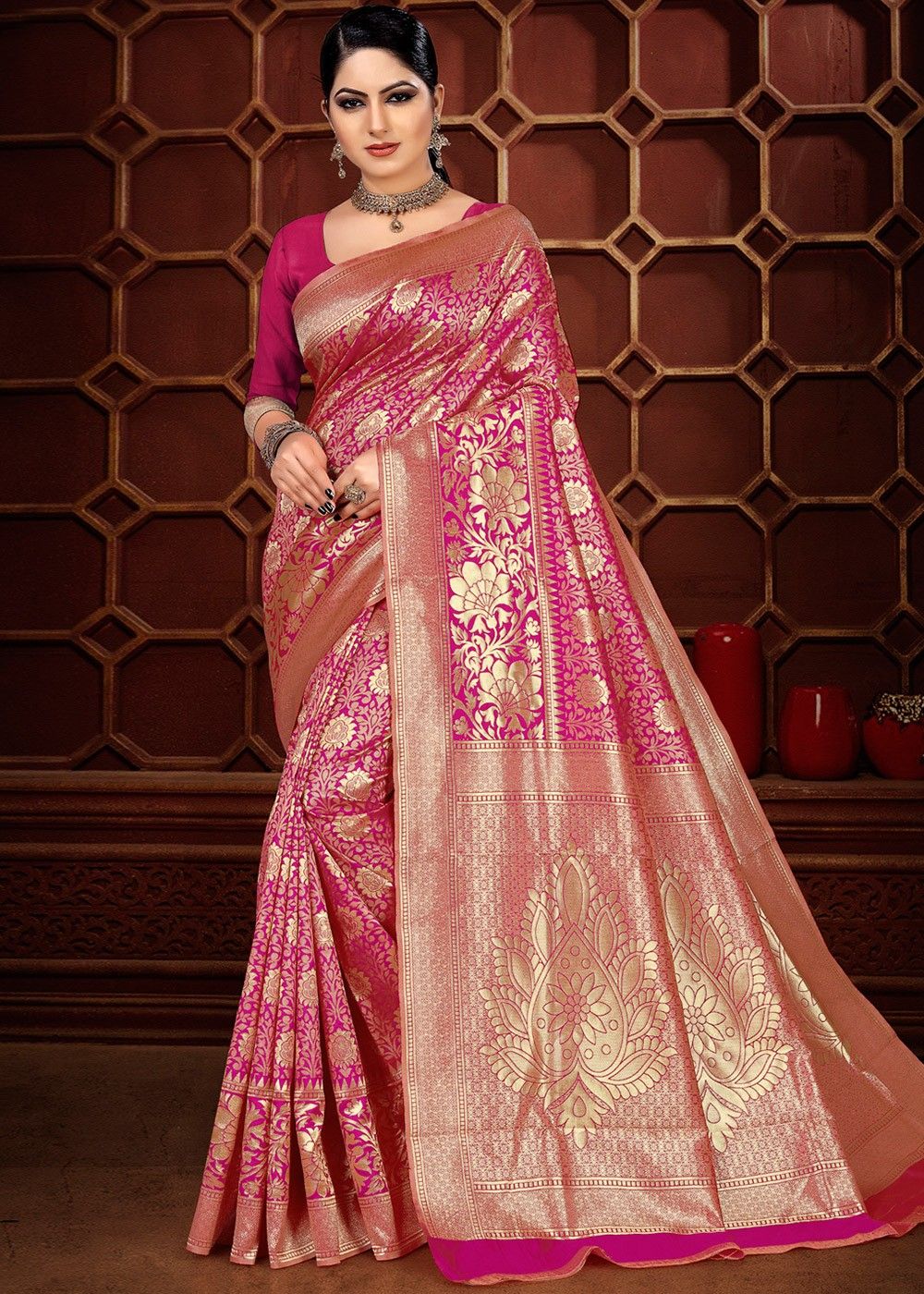 Pink Woven Banarasi Silk Saree Latest 2351SR07