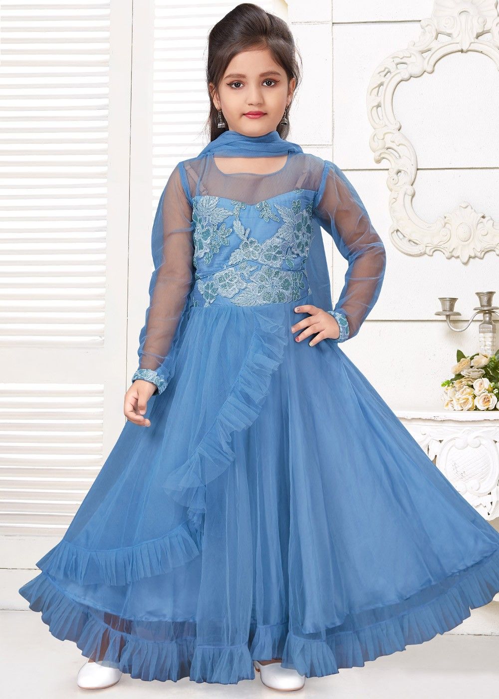 Blue Net Gown For Girls Design by Fayon Kids at Pernia's Pop Up Shop 2024-hkpdtq2012.edu.vn