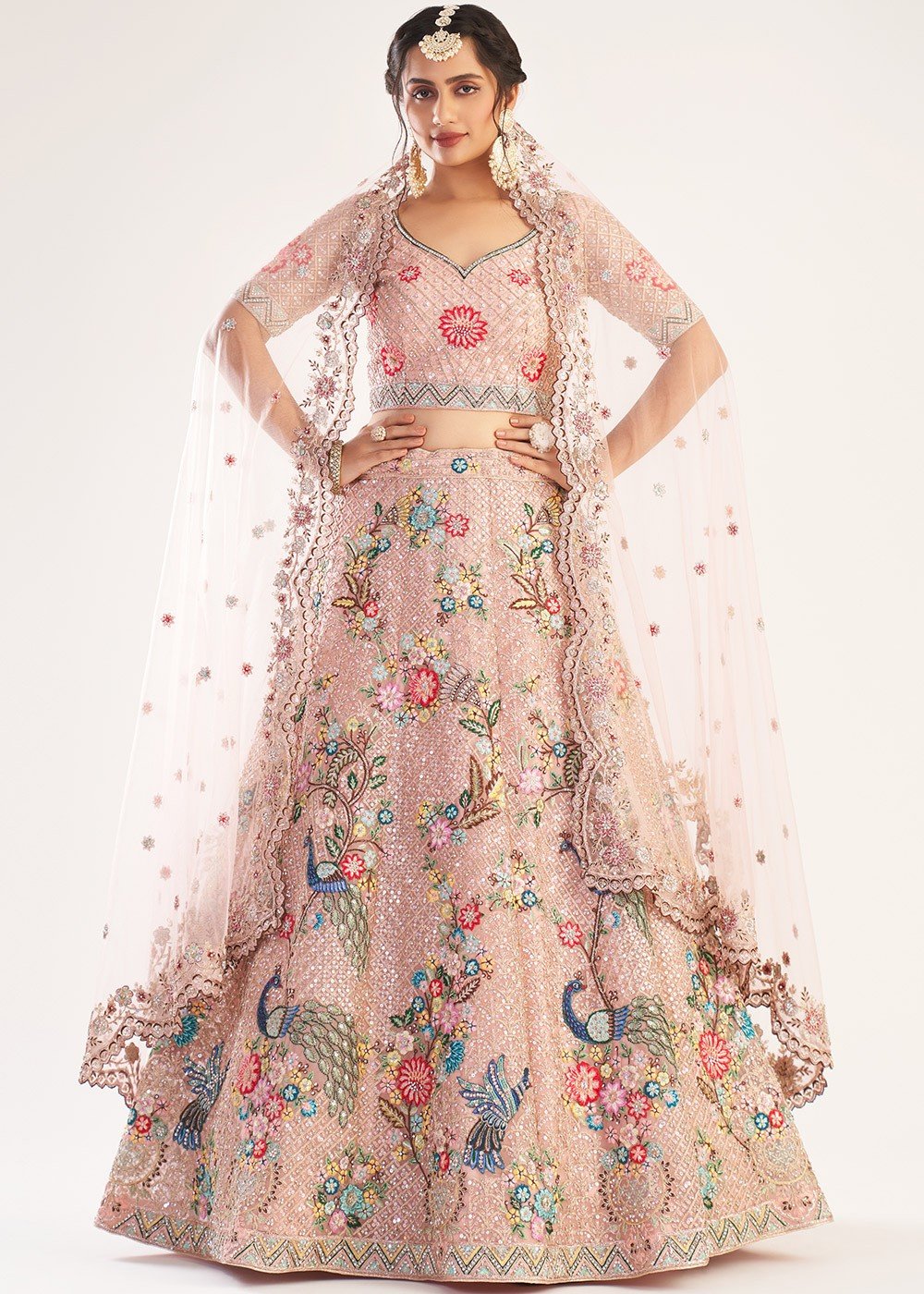 Classic Embroidered Work On Peach Color Wedding Wear Bridal Lehenga In Art  Silk Fabric